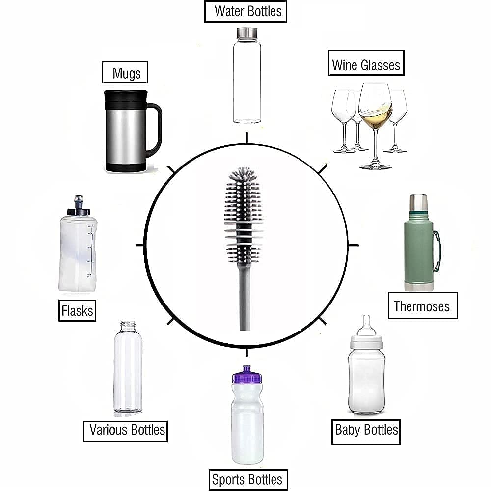 Kitchen4U - Bottle Cleaning Brush Silicone Long Handle for Baby Bottle, Water Bottle, Containers, Vase and Glass Cleaner (31-CM-Silicone-Grey-Brush)